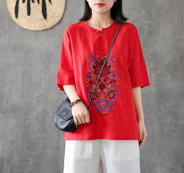 National style embroidery T-shirt summer tops for women