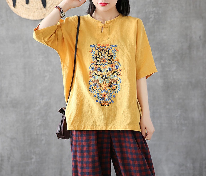 National style embroidery T-shirt summer tops for women