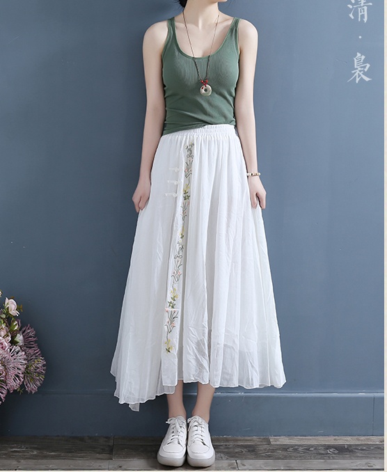 Embroidered flowers long chiffon art Han clothing skirt