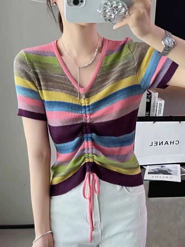 France style rainbow stripe wool sweater