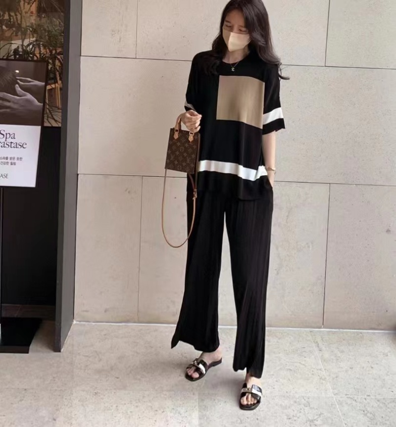 Pullover tops Korean style wide leg pants 2pcs set for women