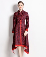 Pinched waist printing with belt European style dress