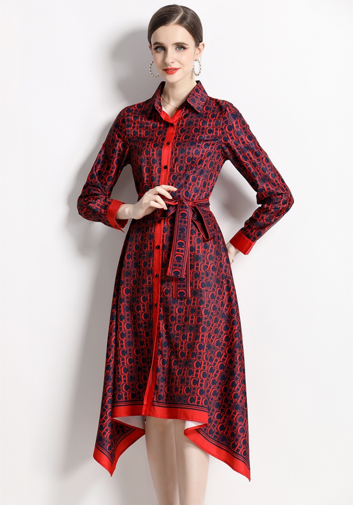 Pinched waist printing with belt European style dress