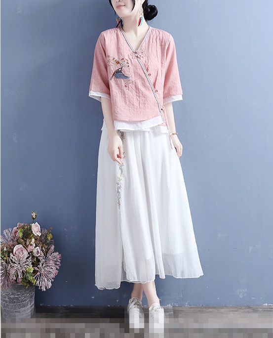 Chinese style V-neck tops retro small shirt for women