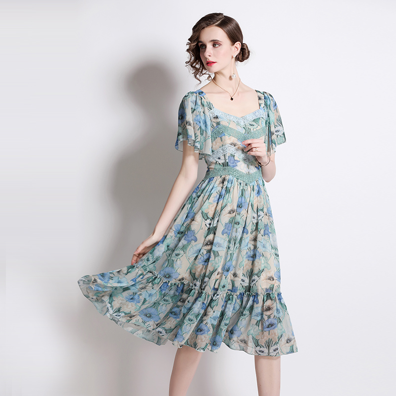 Boats sleeve printing France style lace slim dress