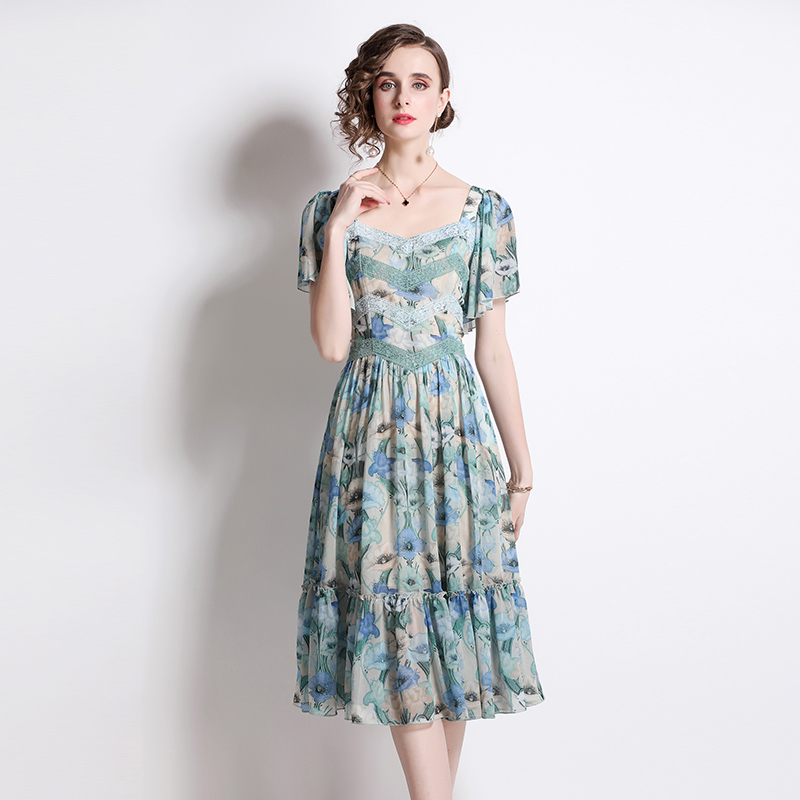 Boats sleeve printing France style lace slim dress