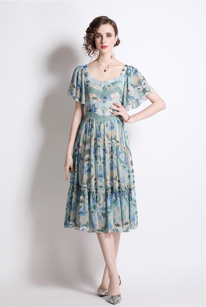 Boats sleeve printing France style lace slim dress