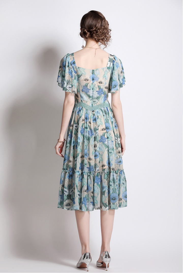 Boats sleeve printing France style lace slim dress