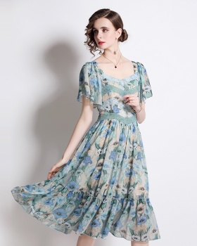 Boats sleeve printing France style lace slim dress