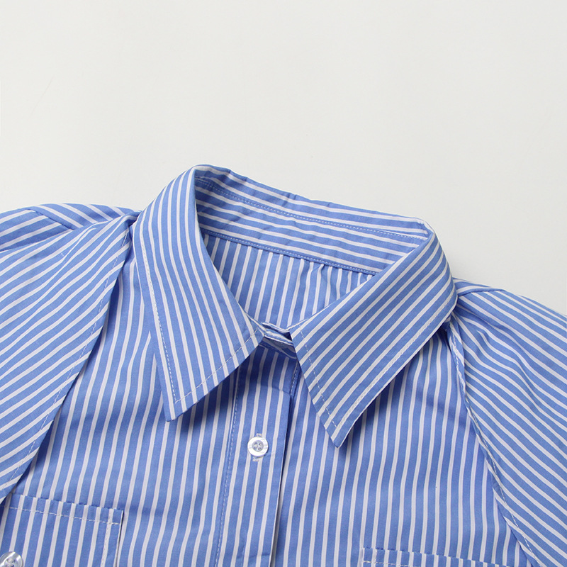 Slim stripe hollow sleeve summer temperament lapel shirt