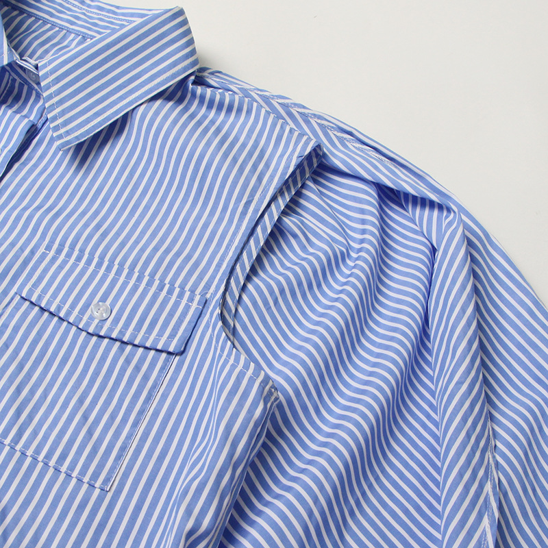 Slim stripe hollow sleeve summer temperament lapel shirt