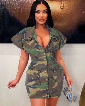 Tight large lapel camouflage European style dress for women
