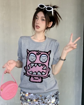 Knitted short sleeve T-shirt printing round neck tops