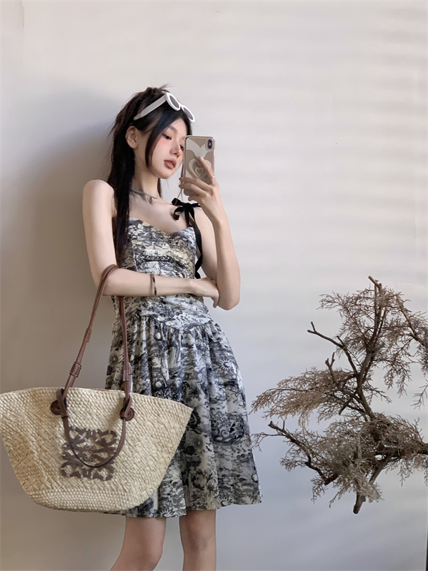 Sling retro slim Chinese style floral France style dress