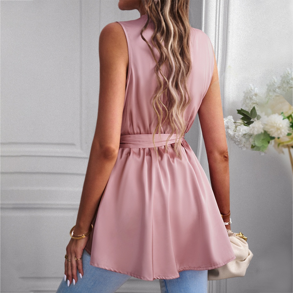 Sleeveless European style pinched waist tops for women