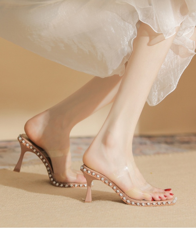 High-heeled summer square head slippers for women