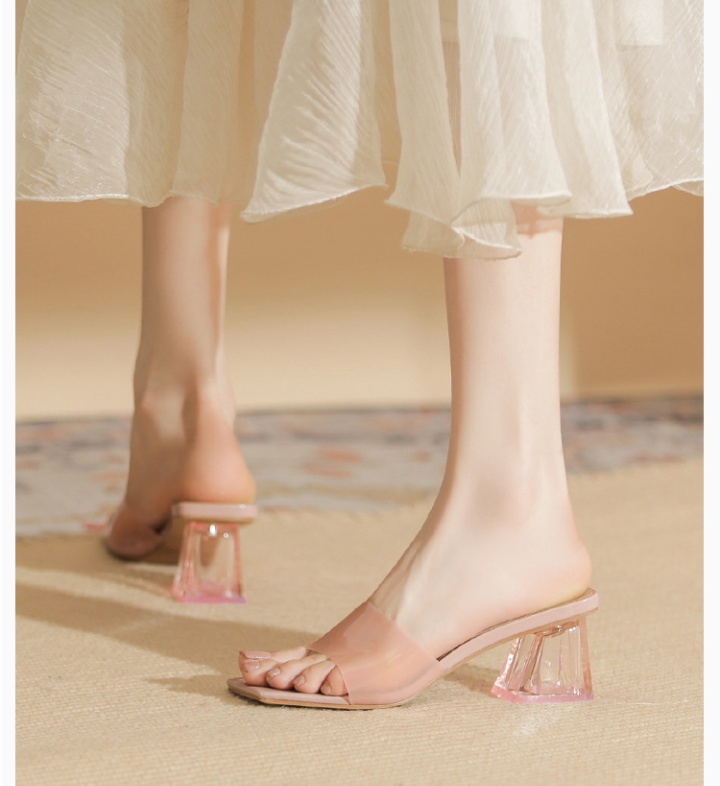 Transparent crystal square head thick high-heeled slippers