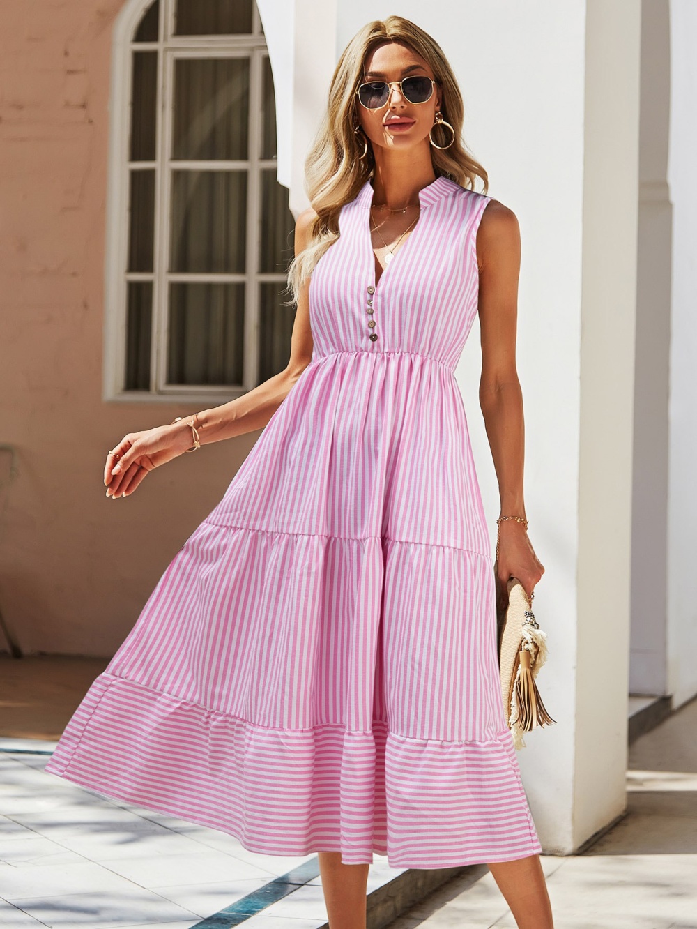 Sleeveless summer long dress stripe temperament dress