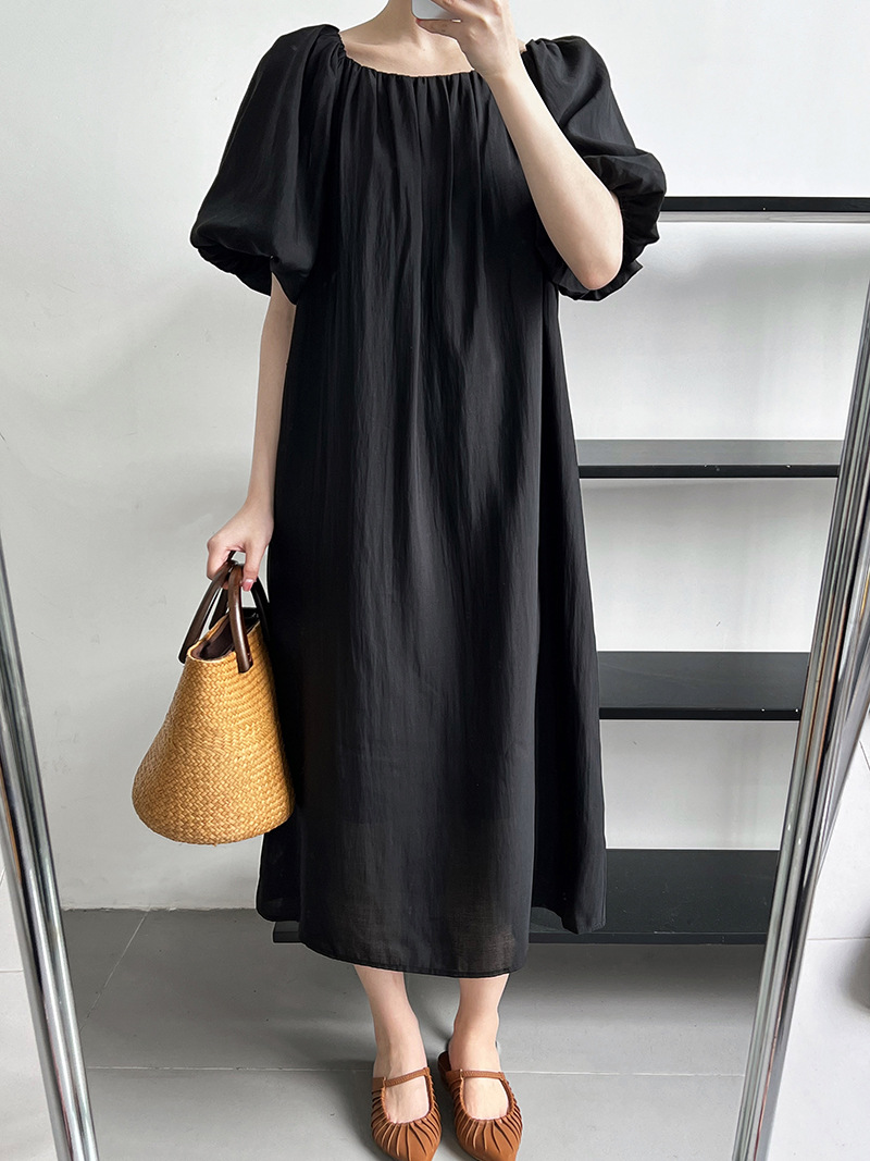 Pinched waist puff sleeve square collar wear dress