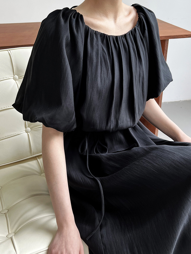 Pinched waist puff sleeve square collar wear dress