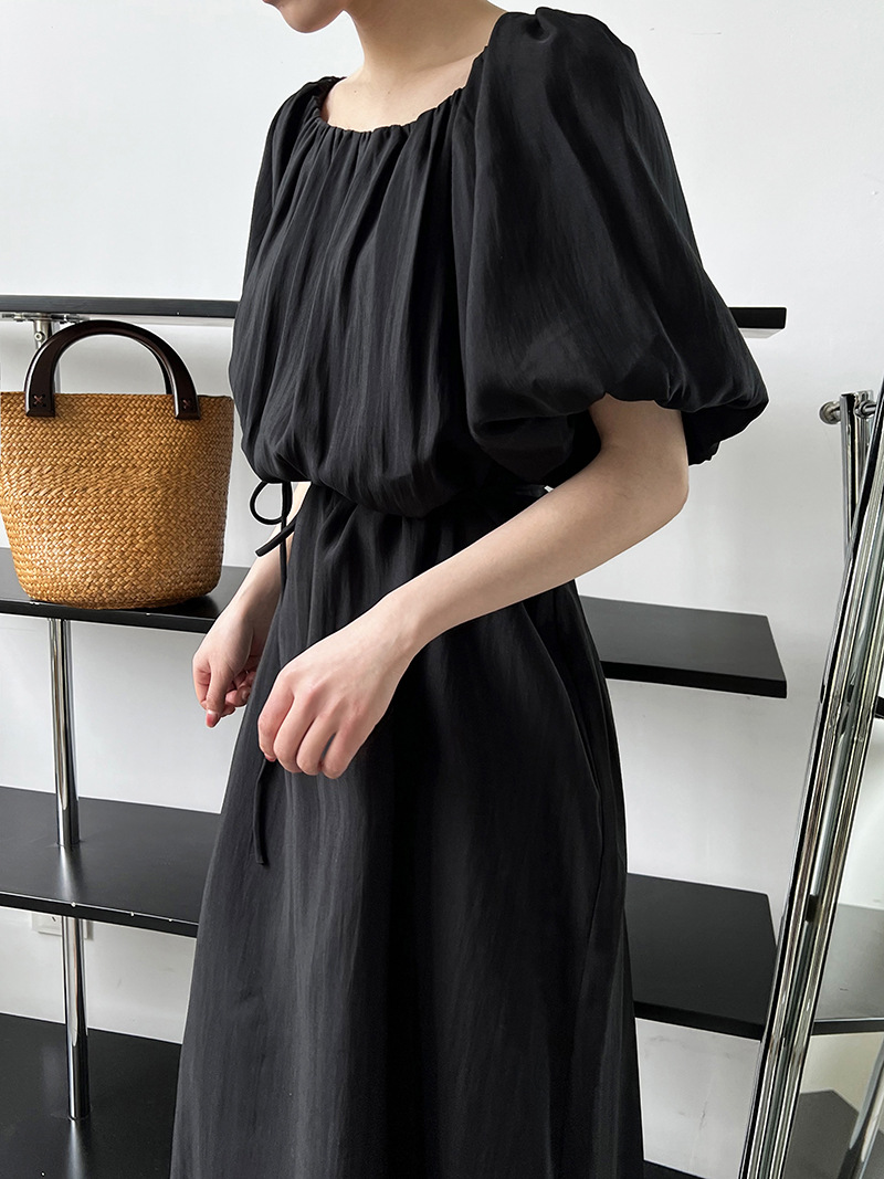 Pinched waist puff sleeve square collar wear dress