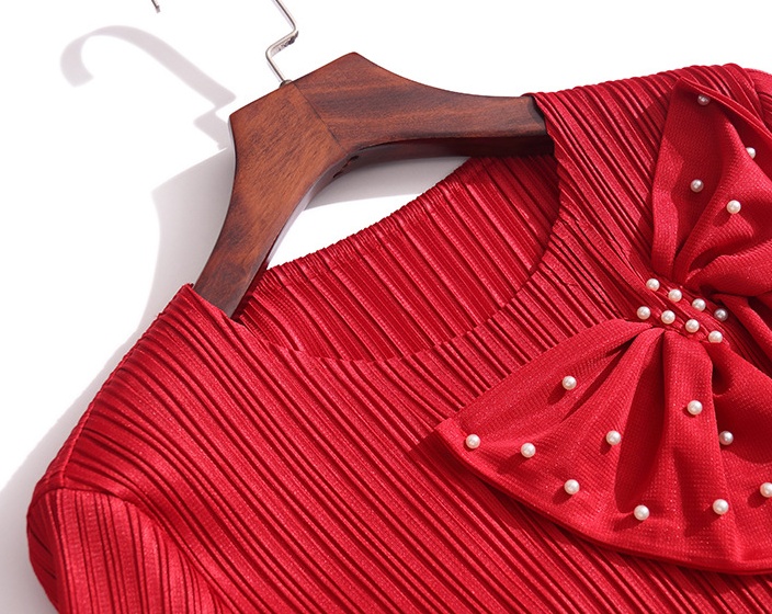 Fold conventional sleeve one-piece crinkling loose waist dress