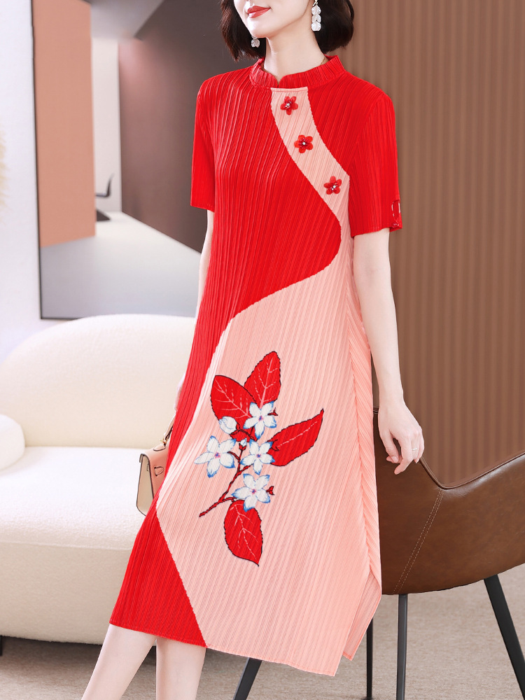 Embroidery embroidered flowers fold elegant short sleeve dress