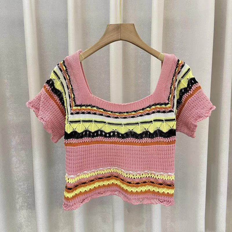 Stripe short sleeve summer mixed colors tops for women