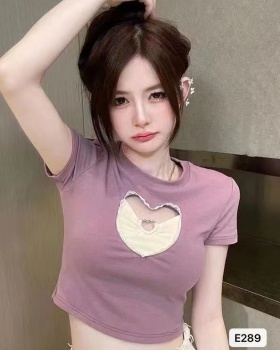 Navel hollow slim T-shirt short heart tops for women