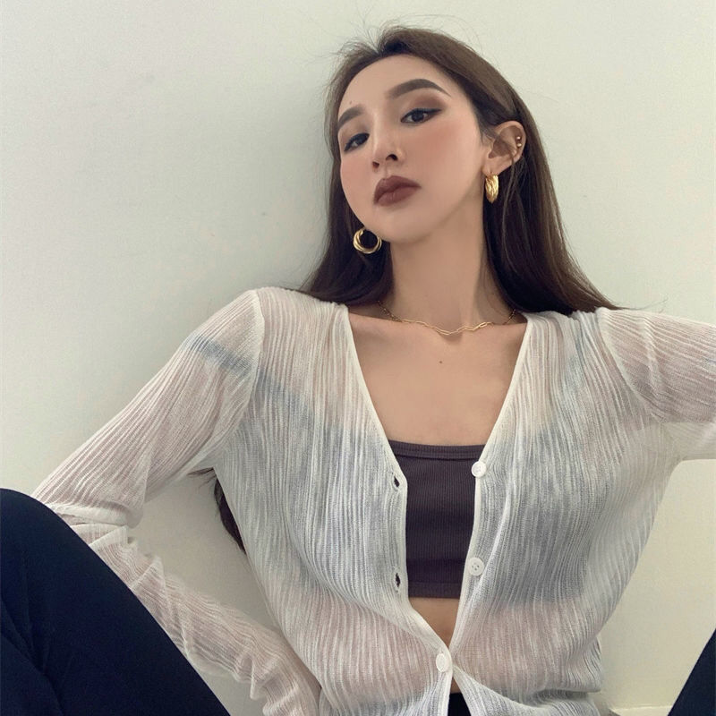 Long sleeve V-neck tops ice silk shirts for women