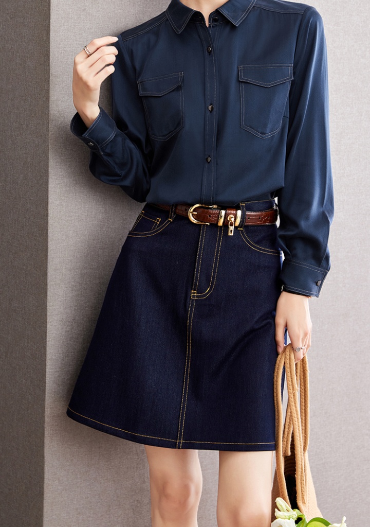 High waist mixed colors navy-blue denim retro skirt