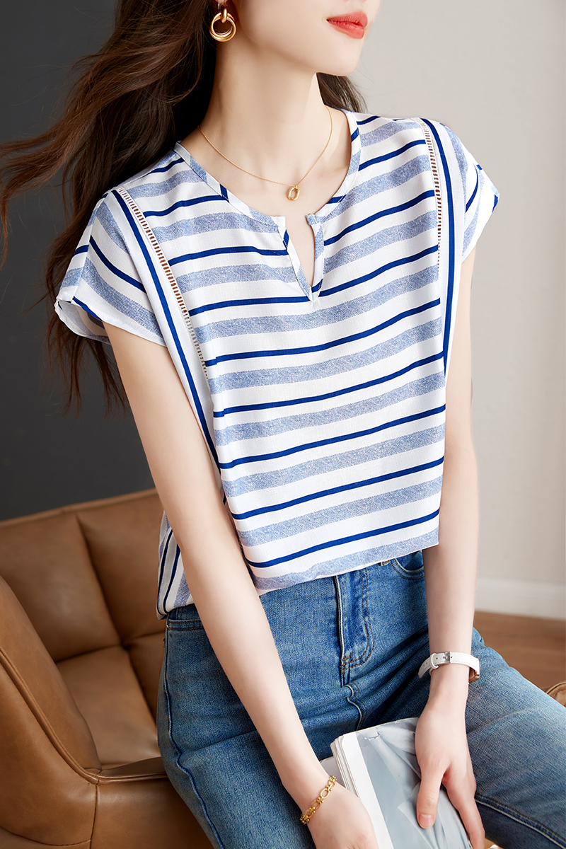 Cover belly stripe tops loose T-shirt for women