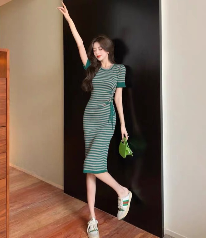 Package hip knitted slim dress stripe simple summer long dress