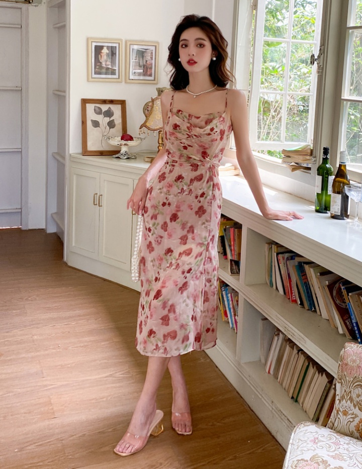 Long chiffon pink long dress floral sling dress for women