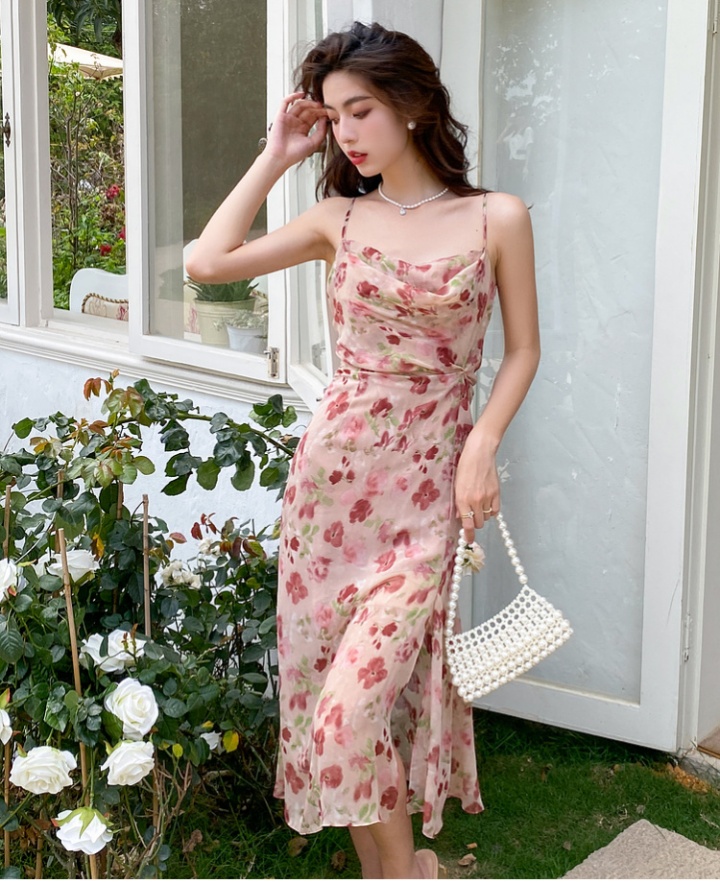 Long chiffon pink long dress floral sling dress for women