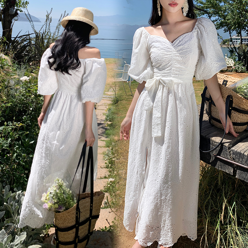 White V-neck hollow long dress split summer retro dress