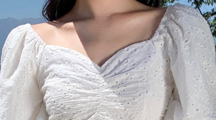 White V-neck hollow long dress split summer retro dress
