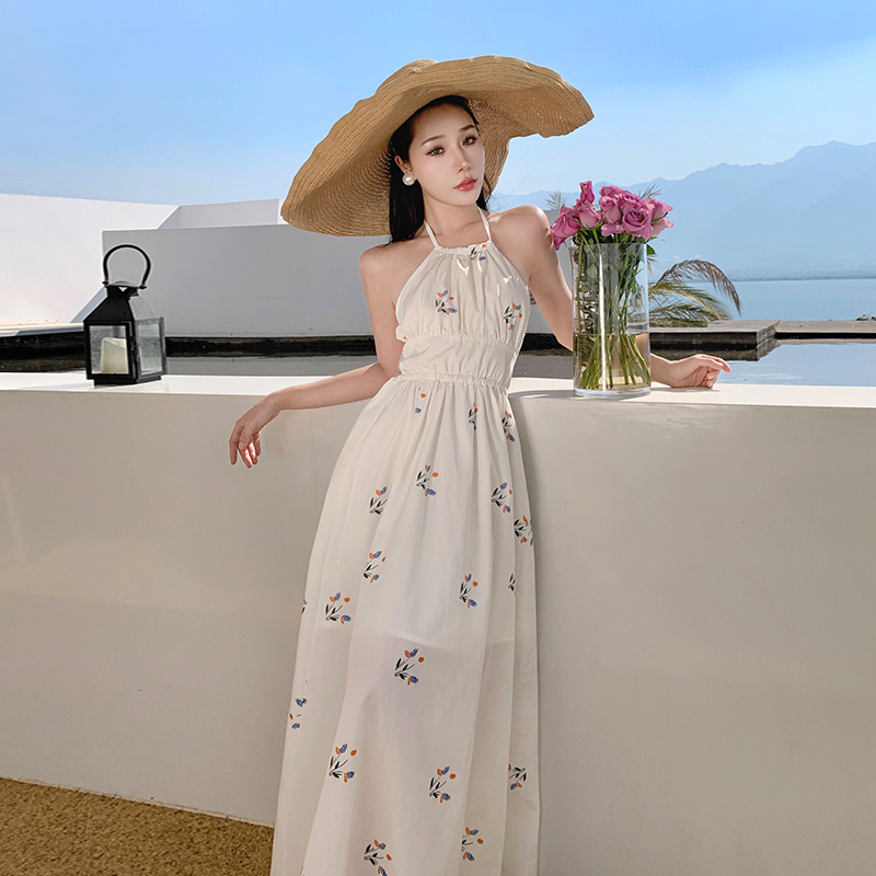 White sling floral summer embroidery dress