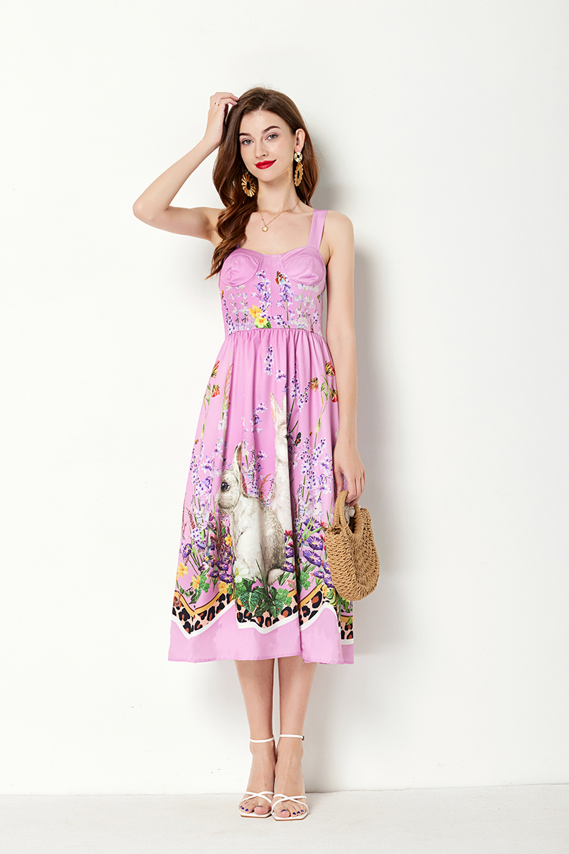 Rabbit printing pinched waist stereoscopic chest pad dress