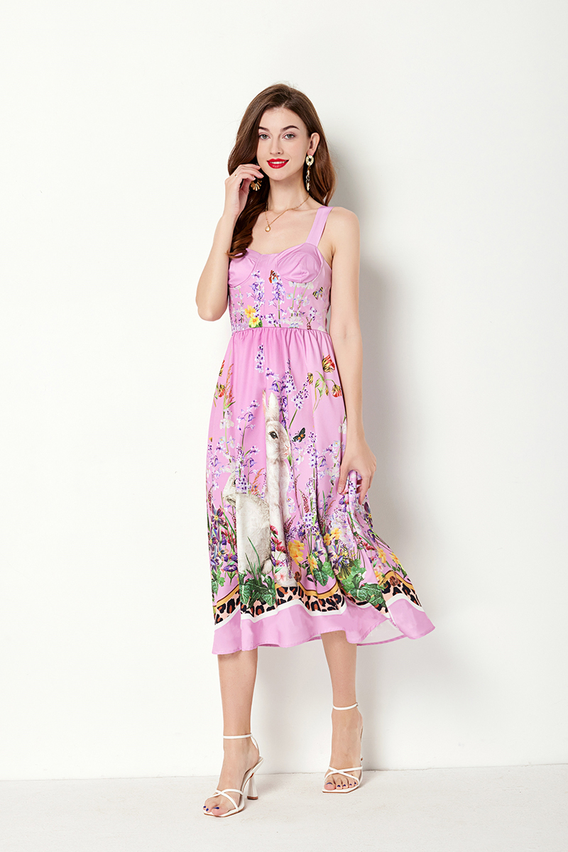Rabbit printing pinched waist stereoscopic chest pad dress