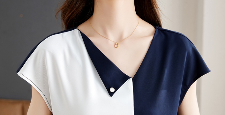 Summer simple V-neck tops splice short sleeve shirt