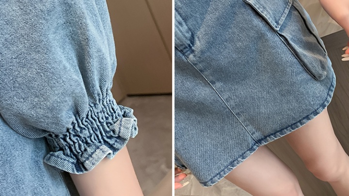 Fashion denim tops summer square collar short skirt 2pcs set