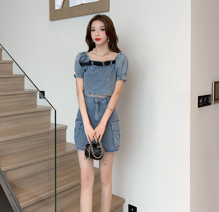 Fashion denim tops summer square collar short skirt 2pcs set