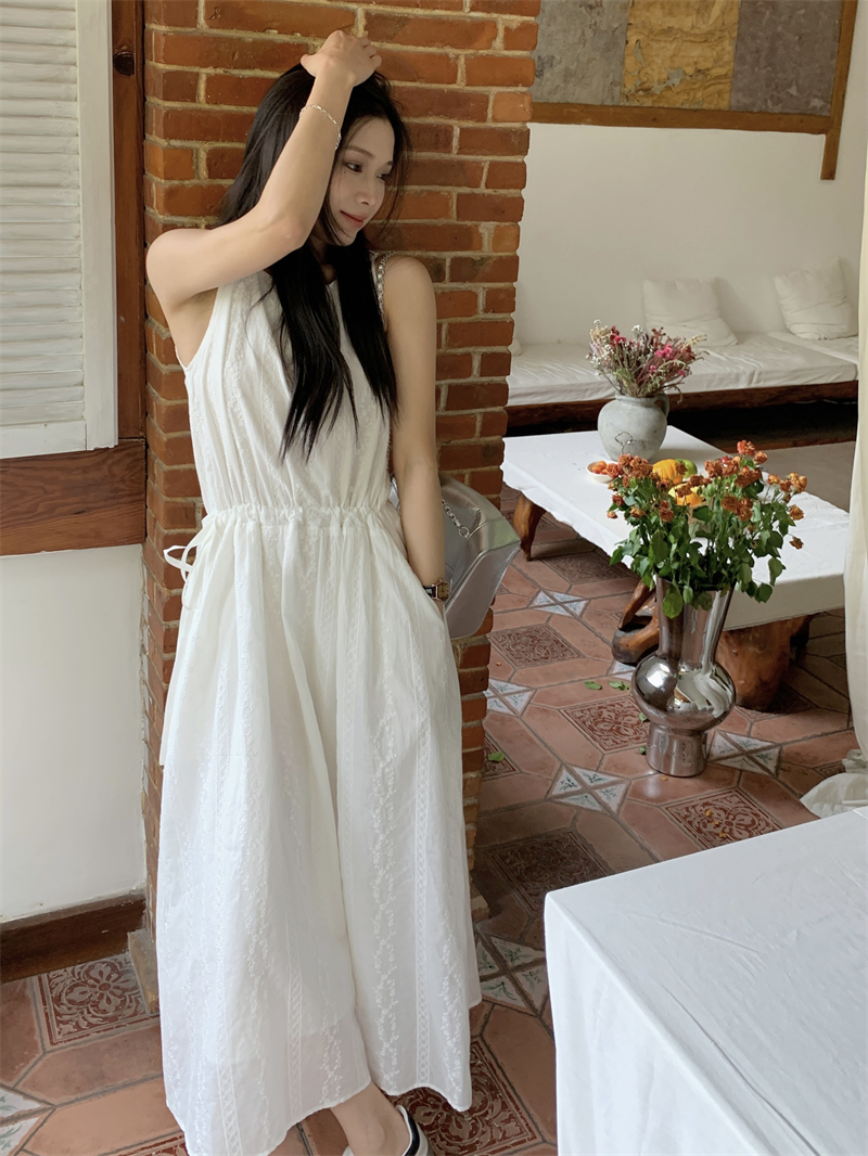 Drawstring horizontal collar vest summer embroidered dress