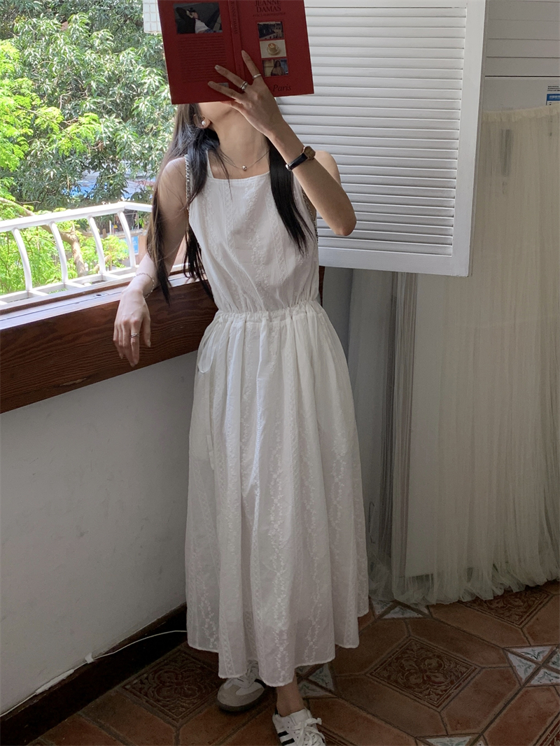 Drawstring horizontal collar vest summer embroidered dress