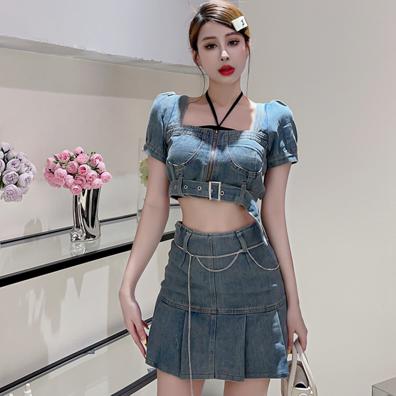 Summer denim vest spicegirl short skirt 2pcs set