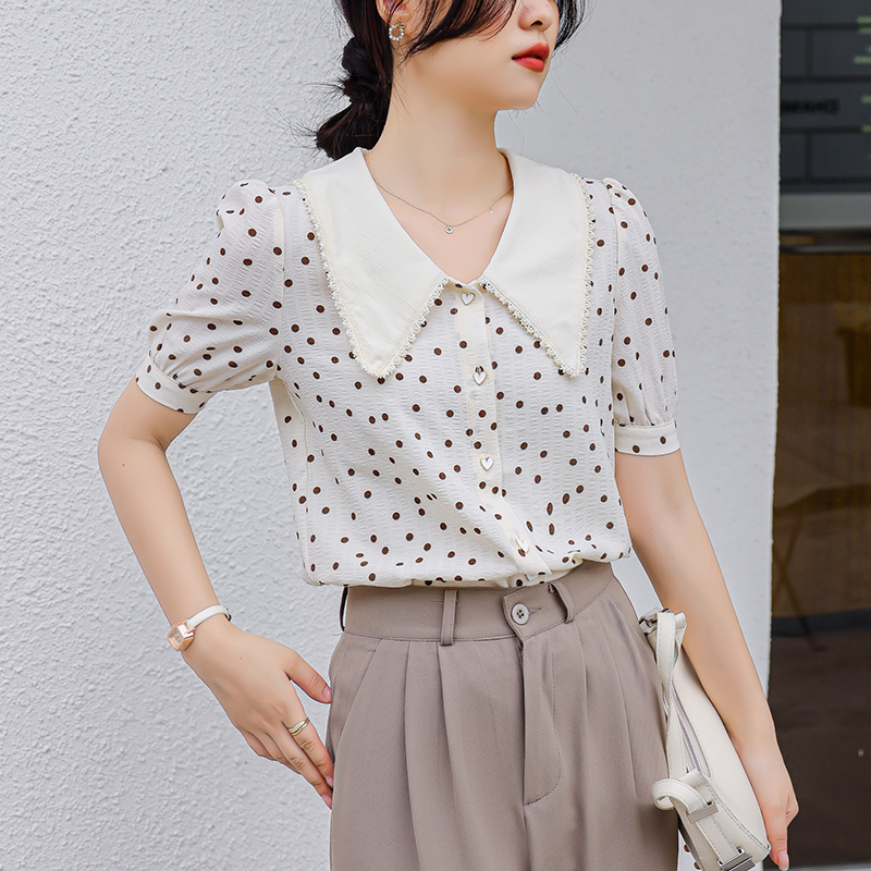 Lapel puff sleeve tops polka dot pearl shirt for women