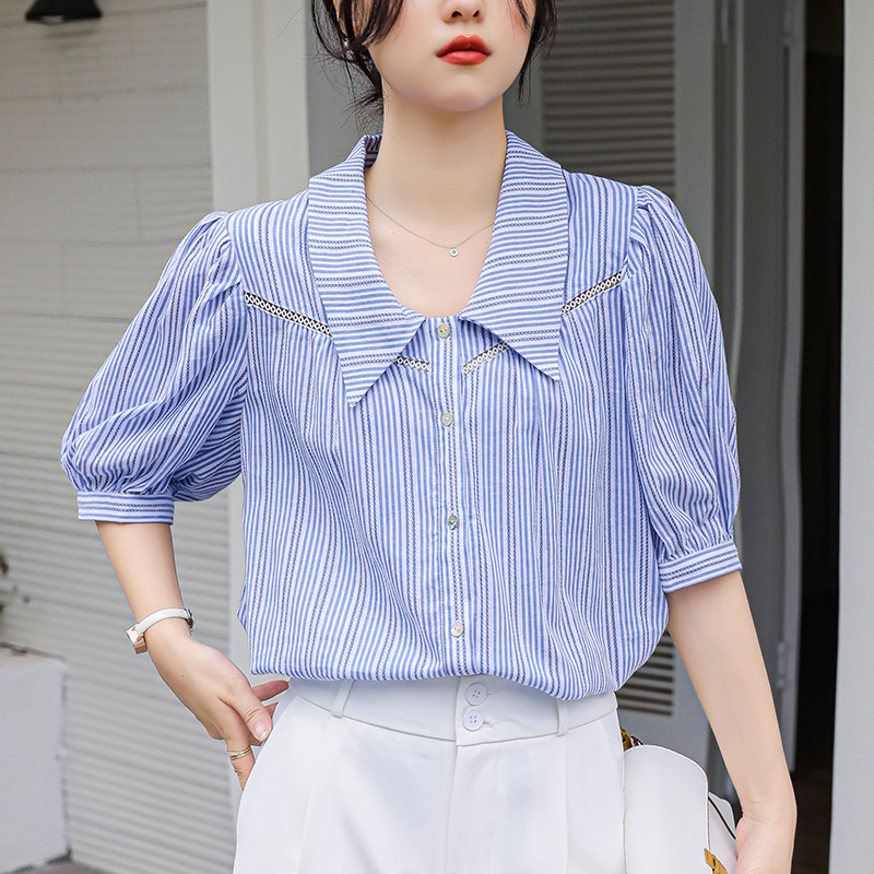 France style fashion blue tops summer stripe simple shirt for women
