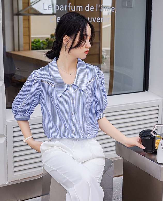 France style fashion blue tops summer stripe simple shirt for women
