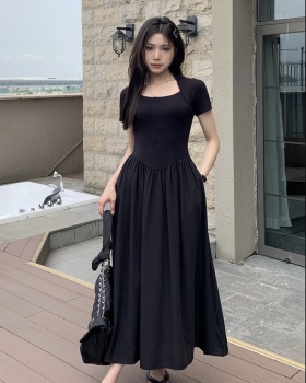 Slim long square collar dress Korean style black T-shirt